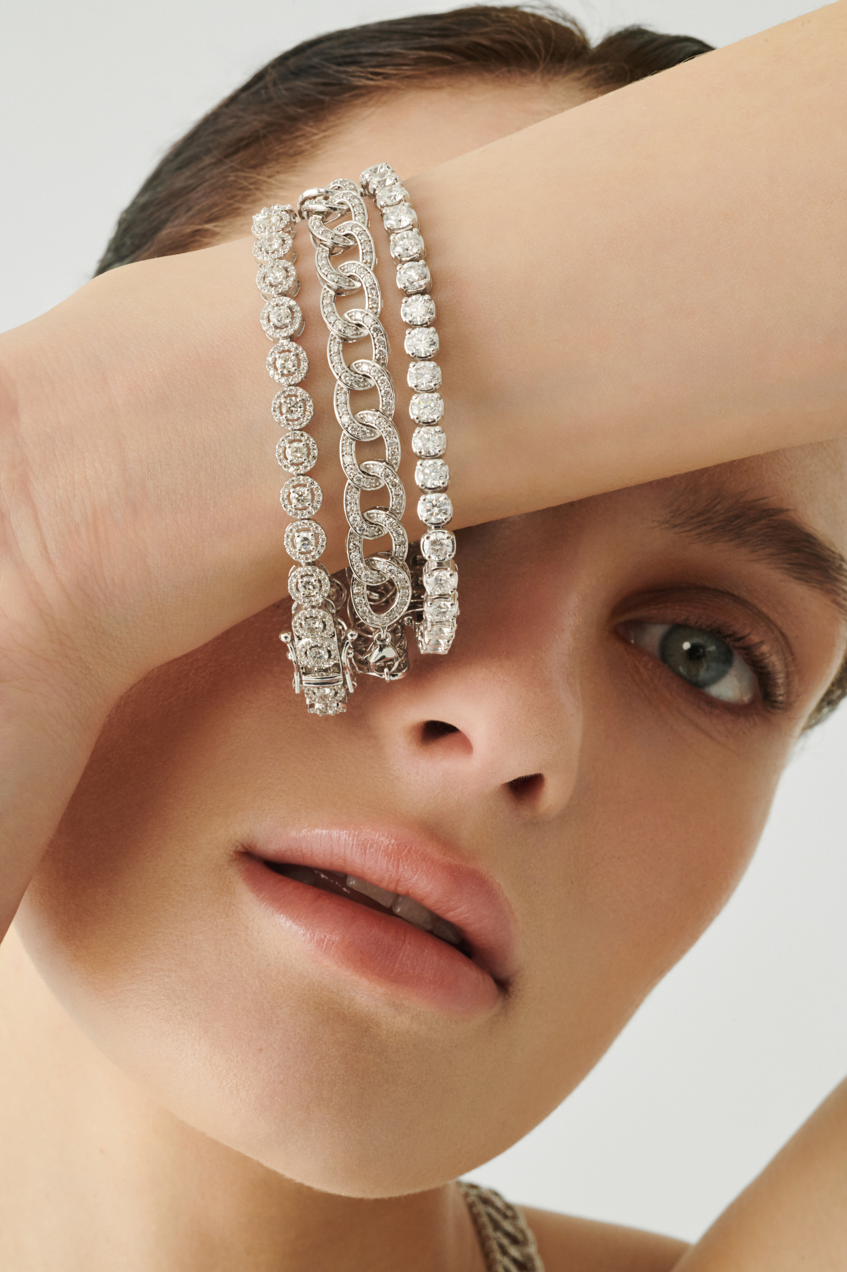 Close-up of diamond tennis bracelets.